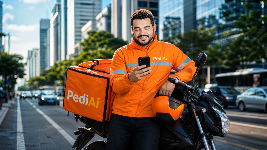 Entregador PediAí com jaqueta laranja e mochila de entregas