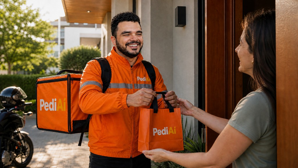 Entregador PediAí entregando pedido com sorriso na porta do cliente